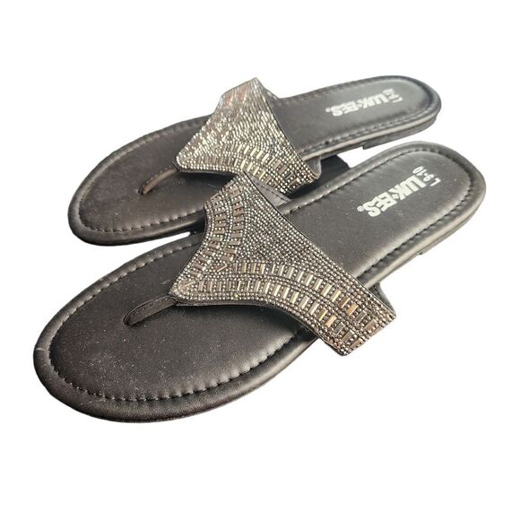 Lukees by MukLuks Sandals Womens Size L 9 10 Black Sequin Flat Between Toes - Picture 1 of 5